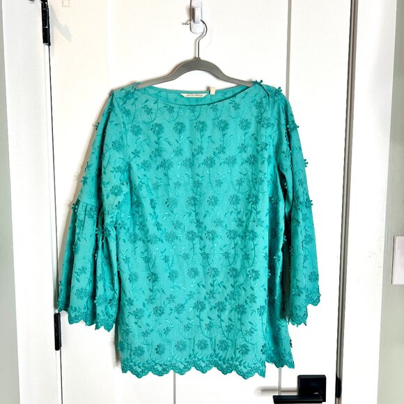 Soft Surroundings Teal Rosalie Floral Embroidered Applique Blouse Size Medium - Picture 2 of 6